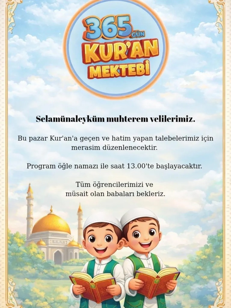 Üç öğrenci rahle üzerinde Kur'an okurken; cami silüeti ve yıldızlı gökyüzü