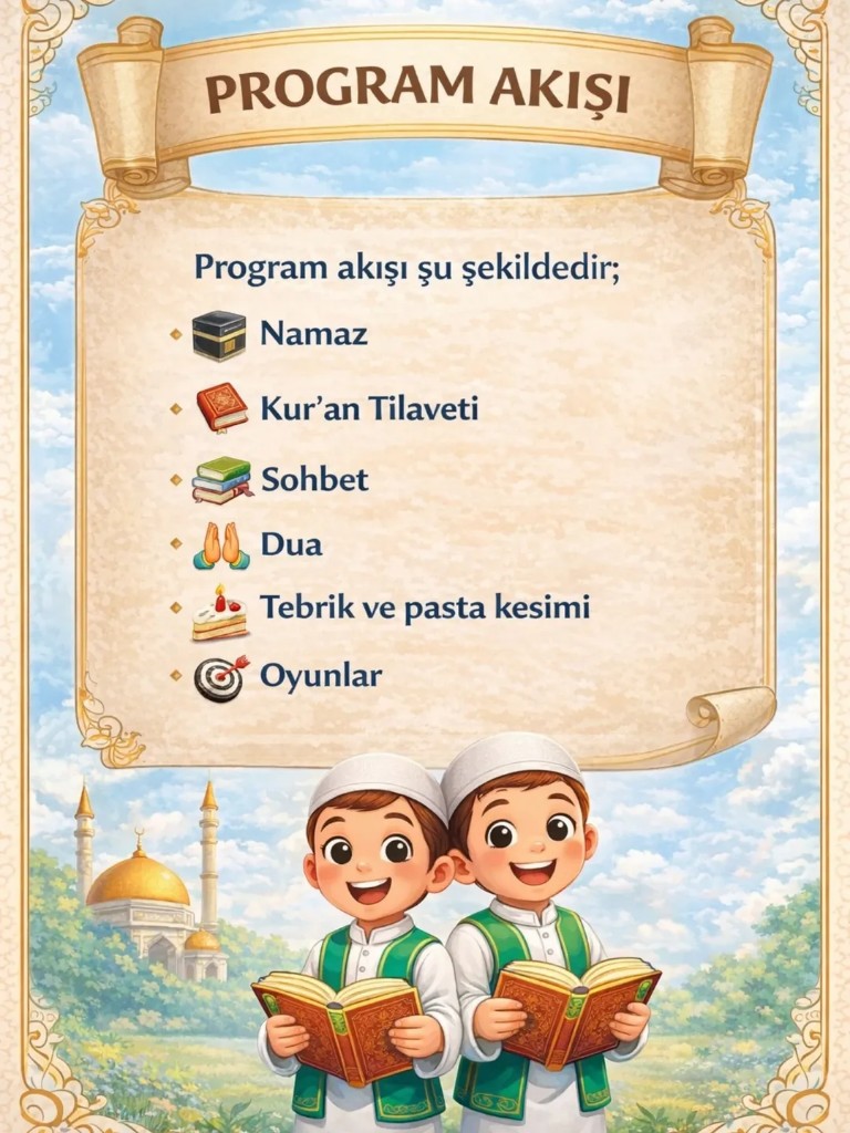 Program akışı: namaz, Kur'an tilaveti, sohbet, dua ve kutlama adımları